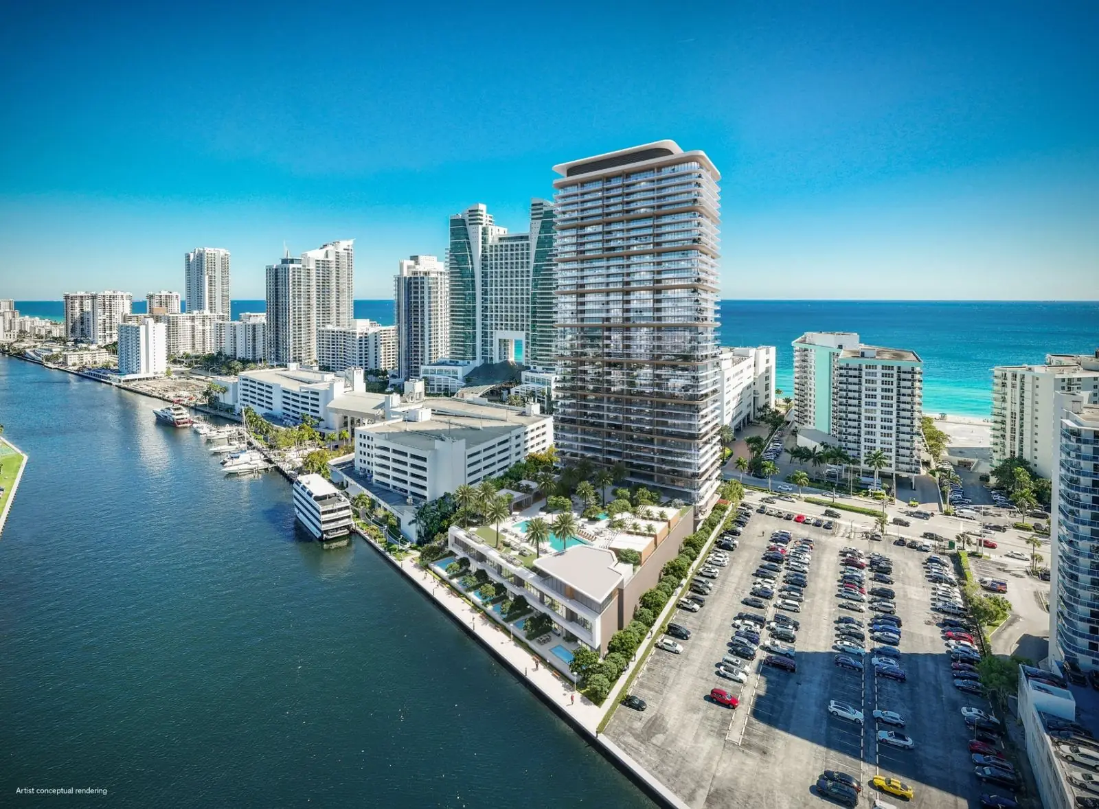 Vista aérea da costa de Hollywood com a Intracoastal e o Atlântico